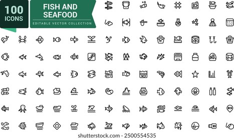 Fish And Seafood icon set. Minimalist thin linear web ui icon set. Simple editable vector stroke illustration.