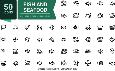 Fish And Seafood icon set. Minimalist thin linear web ui icon set. Simple editable vector stroke illustration.