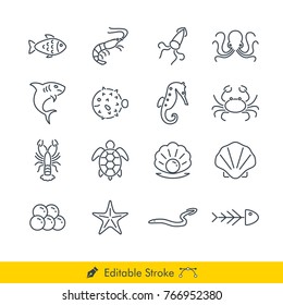 Fish and Seafood Icons / Vectors Set - In Line / Stroke Design