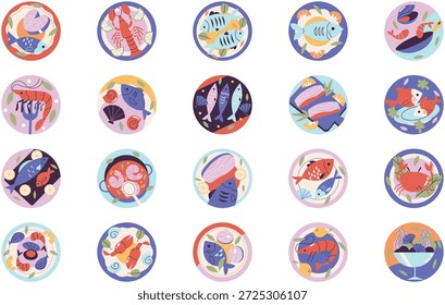 Ilustración vectorial De Ilustraciones De Pescado Y Marisco. Plantilla de diseño de símbolos de ilustración para elemento de interfaz de usuario móvil de Web.