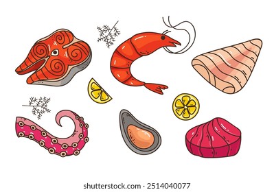 Fish seafood line art simple style isolated concept set 