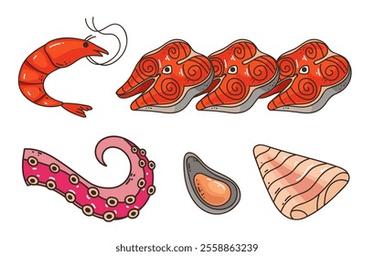 Fish seafood line art simple style isolated concept set