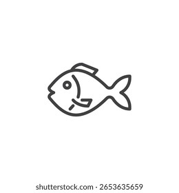 Fish seafood line icon with eye and fins. Marine outline vector icon. Food symbol and aquatic logo. This icon works well for seafood and culinary themes.