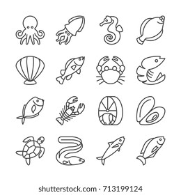 Fish and seafood line vector icons. Sea food and marine lobster linear, mussel and salmon illustration