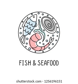 Fish And Seafood Linear Circle Icon Set. Fish, Shrimp And Oyster Line Art Color Fill Icons. Fish And Seafood Lettering. Vector EPS10