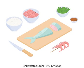 Fish And Seafood Meal Prep Set. Isometric Vector Illustration In Flat Design.
