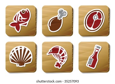Fish, Seafood and Meat icons. Vector icon set. Three color icons on cardboard tags.