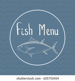 Fish, seafood menu design with wavy background/ Hand drawn vector illustration