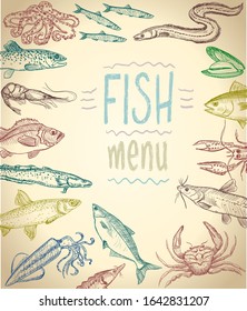 Fish and seafood menu, hand drawn graphic illustration, paper backdrop