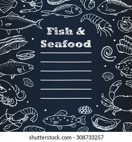 Fish and seafood menu with hand drawn doodle elements. Vector illustration for menu, posters, prints, banners, web design, covers