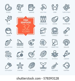 Fish And Seafood - Outline Icon Collection, Vector For Restaurant Menu