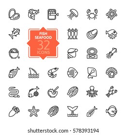 Fish and seafood - outline icon collection, vector for restaurant menu