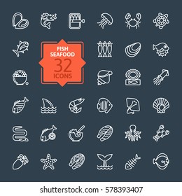 Fish And Seafood - Outline Icon Collection, Vector For Restaurant Menu