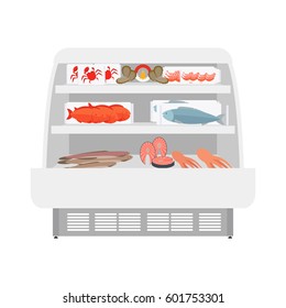 Fish and seafood products in store shelves. Vector illustration