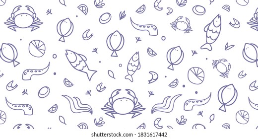 Fish and seafood are repeated on the texture. Monochrome pattern for fish store branding. Vector illustration isolated on a white background.