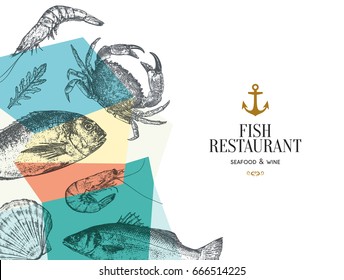 Fish and seafood restaurant menu design. Vector menu brochure template for cafe, coffee house, restaurant, bar. Food and drinks logotype symbol design. With a sketch pictures