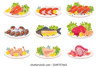 Fish seafood salmon, shrimp, oysters, tuna, tilapia, octopus, squid, tentacles dish meal isolated set. Cooking ingredient restaurant menu concept. Vector cartoon graphic design element illustration