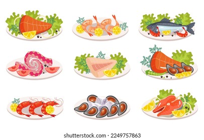 Fish seafood salmon, shrimp, oysters, tuna, tilapia, octopus, squid, tentacles dish meal isolated set. Cooking ingredient restaurant menu concept. Vector cartoon graphic design element illustration