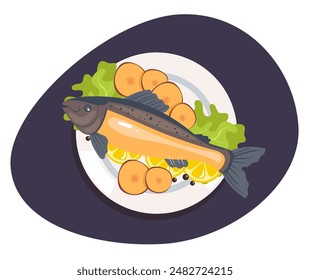 Fish seafood salmon tuna, tilapia, dish meal isolated concept. Cooking ingredient restaurant menu concept. Vector cartoon graphic design element 
illustration