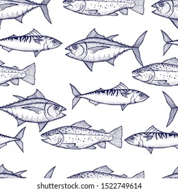 Fish .Seafood  seamless pattern. Hand drawn vector illustration.