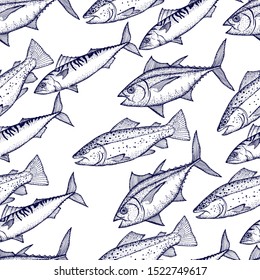 Fish .Seafood  seamless pattern. Hand drawn vector illustration.