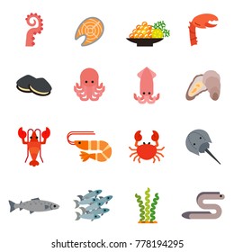 Fish and Seafood set design flat icons set.