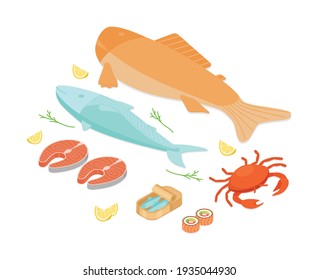 Fish and seafood set. Isometric vector illustration in flat design.