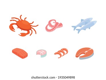 Fish and seafood set. Isometric vector illustration in flat design.
