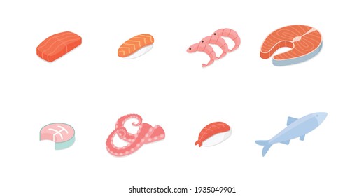 Fish and seafood set. Isometric vector illustration in flat design.
