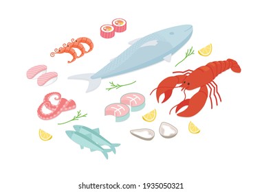 Fish and seafood set. Isometric vector illustration in flat design.