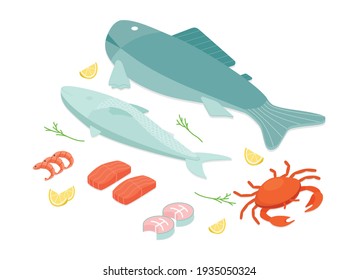 Fish and seafood set. Isometric vector illustration in flat design.