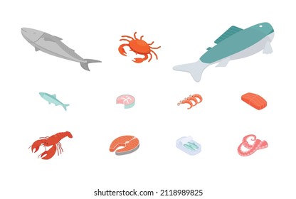 Fish and seafood set. Isometric vector illustration in flat design.
