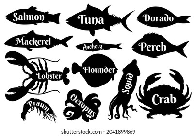 Fish and seafood silhouettes for vintage logo or label icons. Ocean salmon, tuna, dorado and lobster, prawn and squid. Sea food vector set. Marine or aquatic wildlife inhabitants for restaurant