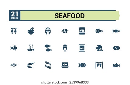 Fish and seafood solid icons set. Filled web symbol bundel. Outline icons collection. Simple vector illustration.