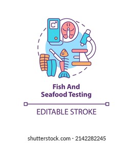 Fish and seafood testing concept icon. Expertise in food market abstract idea thin line illustration. Inspection program. Isolated outline drawing. Editable stroke. Arial, Myriad Pro-Bold fonts used