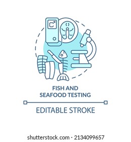 Fish and seafood testing turquoise concept icon. Expertise in food market abstract idea thin line illustration. Isolated outline drawing. Editable stroke. Arial, Myriad Pro-Bold fonts used