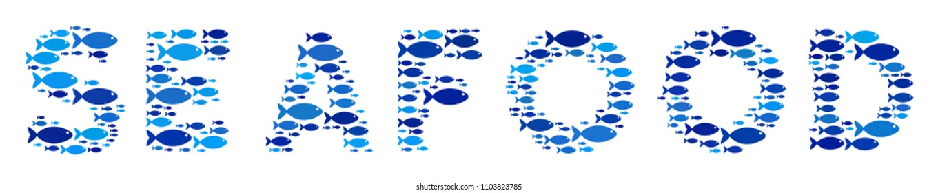 Fish seafood text mosaic in blue color tones. Vector fish items are united into seafood text abstraction. Eco abstract design.