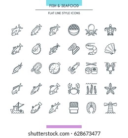 Fish and seafood thin line icons set. Vector Illustration