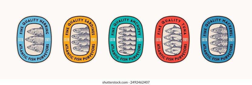 Fish Seafood Vector Label Design Collection. Modern Typography and Hand Drawn Tuna, Herring, Anchovy and Mackerel Stamp Emblem Background Layouts Set. Isolated