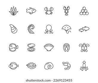 Fish seafood vector line icon set. Crab oyster shellfish lobster octopus stroke outline icon pack, pictogram.