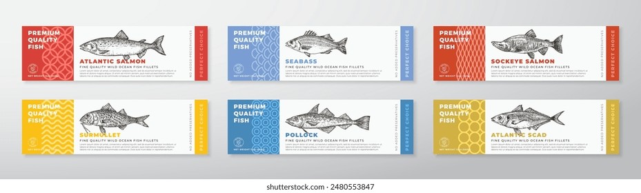 Pescado Mariscos Vector Embalaje Colección de diseño de etiquetas Tipografía moderna y dibujado a mano Salmón, lubina, abadejo y Surmullet Producto Diseño de fondo Conjunto