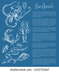 Fish and seafood vintage engraving illustration. Oyster and mussel, crab and lobster, octopus, sea eel and bass restaurant design vector template
