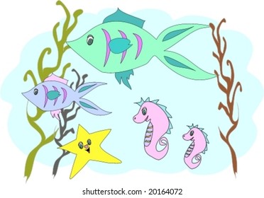 Fish, Seahorses, Starfish in the Sea