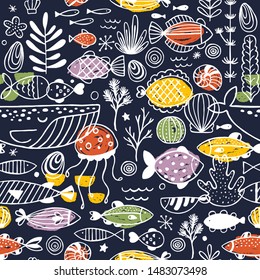 Fish and sealife doodle seamless pattern. Linear graphic. Kid design. Scandinavian style. Vector illustration