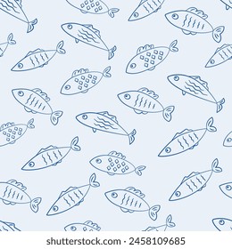 Fish sealife seamless pattern with blue outline contour fishes drawings on light blue background vector texture. Textile fabric print. Gift wrapping paper.Repeating tile. Design template. 