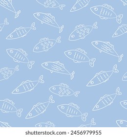 Fish sealife seamless pattern with white outline contour fishes drawings on light blue background vector texture. Textile fabric print. Gift wrapping paper.Repeating tile. Design template. 