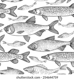 Fish seamless background. Sketch underwater marine pattern.