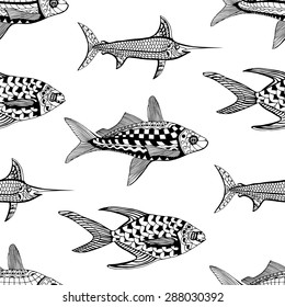 Fish seamless background. Sketch underwater marine pattern. Vector illustration