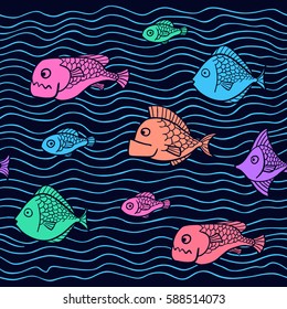 Fish seamless border pattern. Sea life pattern with fishes. Marine background. 