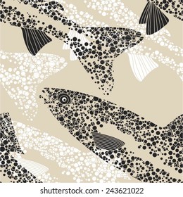 Fish in a seamless dot pattern, vector background.